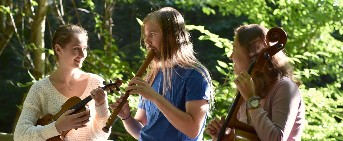 Lampyridæ (Lampyridae) homepage footer photo - The band playing their instruments casually in the woods.